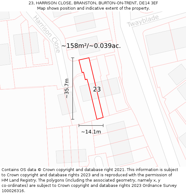 23, HARRISON CLOSE, BRANSTON, BURTON-ON-TRENT, DE14 3EF: Plot and title map