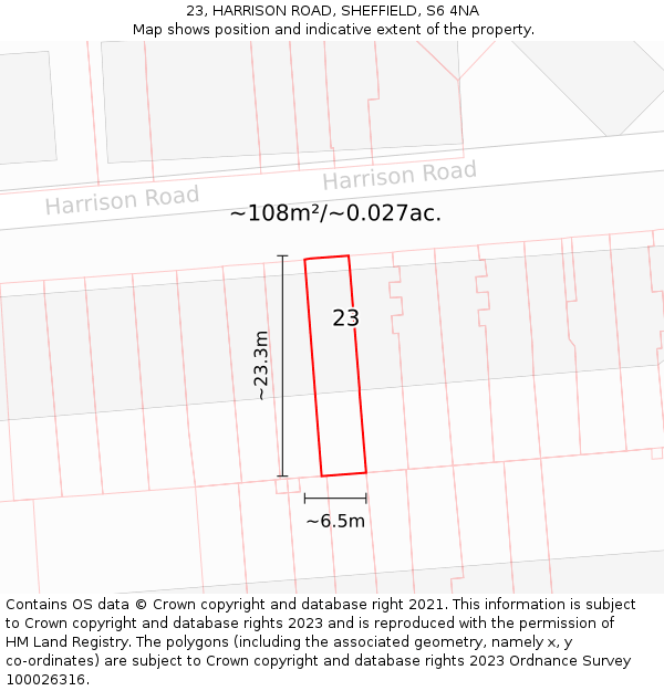 23, HARRISON ROAD, SHEFFIELD, S6 4NA: Plot and title map