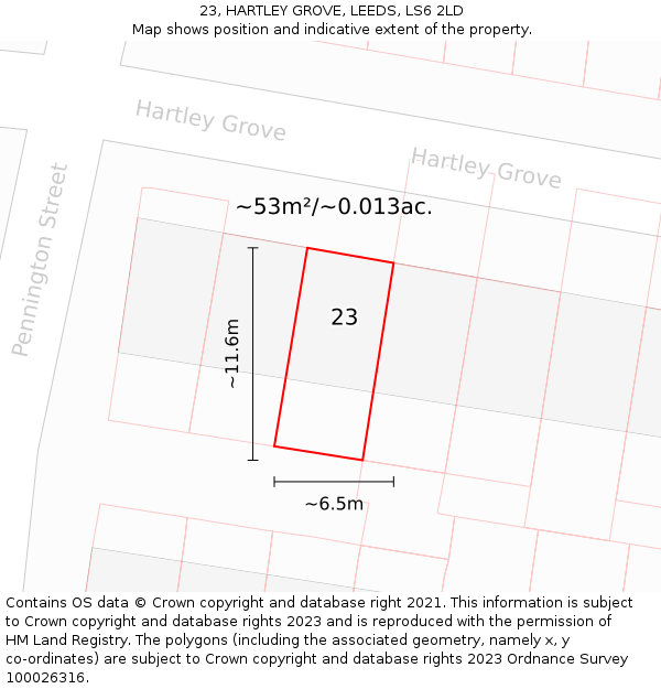 23, HARTLEY GROVE, LEEDS, LS6 2LD: Plot and title map