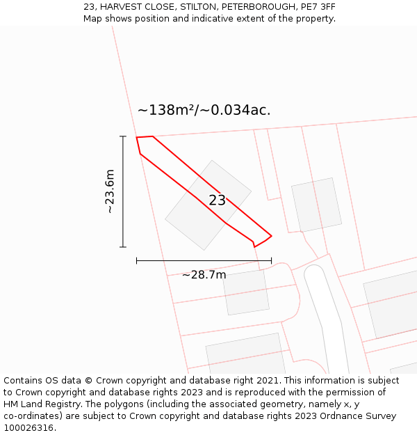 23, HARVEST CLOSE, STILTON, PETERBOROUGH, PE7 3FF: Plot and title map