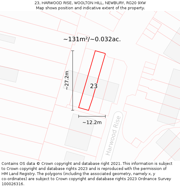 23, HARWOOD RISE, WOOLTON HILL, NEWBURY, RG20 9XW: Plot and title map