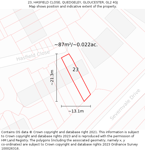 23, HASFIELD CLOSE, QUEDGELEY, GLOUCESTER, GL2 4GJ: Plot and title map