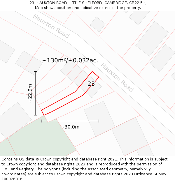 23, HAUXTON ROAD, LITTLE SHELFORD, CAMBRIDGE, CB22 5HJ: Plot and title map