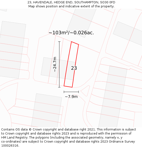 23, HAVENDALE, HEDGE END, SOUTHAMPTON, SO30 0FD: Plot and title map