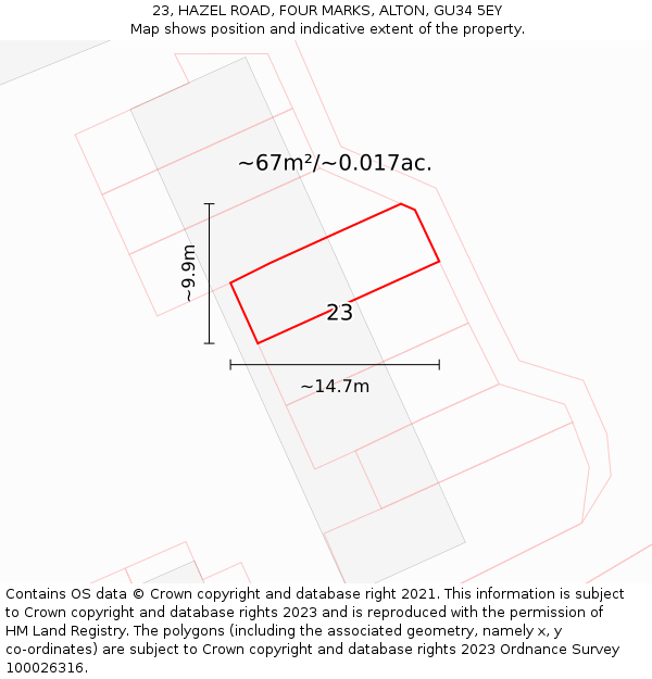 23, HAZEL ROAD, FOUR MARKS, ALTON, GU34 5EY: Plot and title map