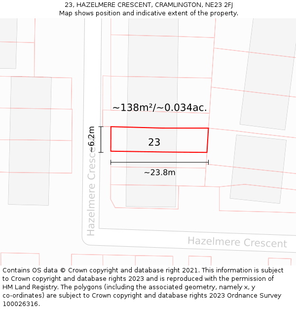 23, HAZELMERE CRESCENT, CRAMLINGTON, NE23 2FJ: Plot and title map
