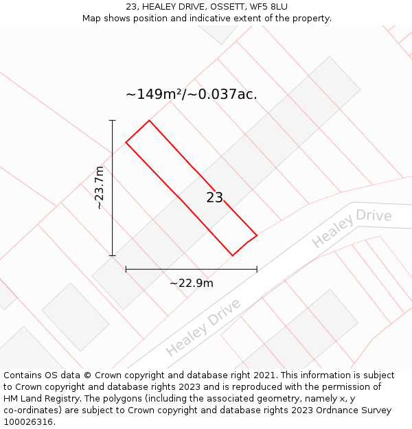 23, HEALEY DRIVE, OSSETT, WF5 8LU: Plot and title map