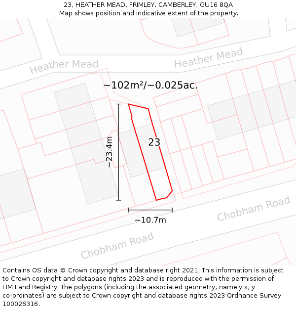 23, HEATHER MEAD, FRIMLEY, CAMBERLEY, GU16 8QA: Plot and title map