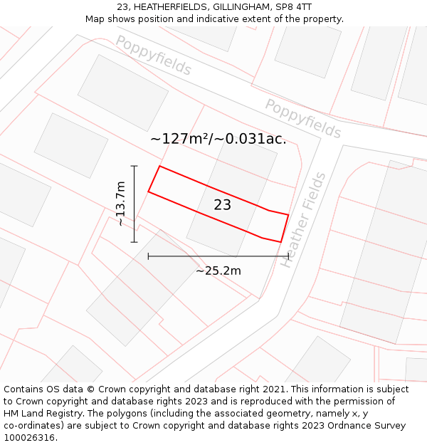 23, HEATHERFIELDS, GILLINGHAM, SP8 4TT: Plot and title map