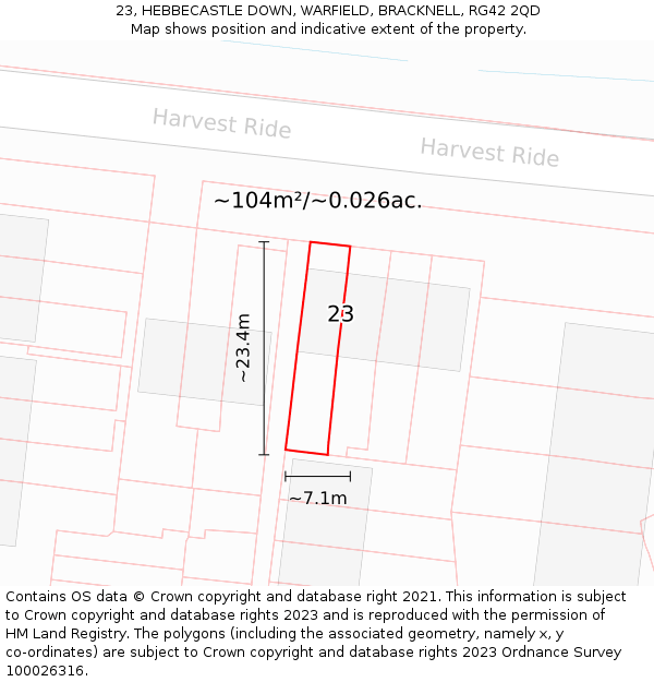 23, HEBBECASTLE DOWN, WARFIELD, BRACKNELL, RG42 2QD: Plot and title map
