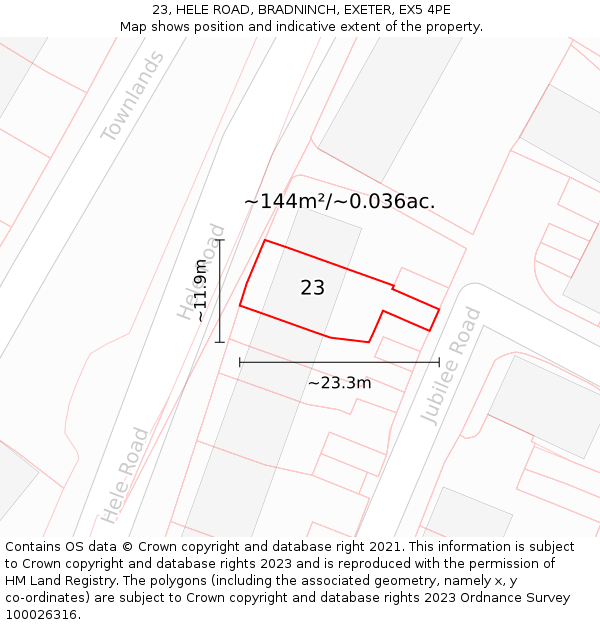 23, HELE ROAD, BRADNINCH, EXETER, EX5 4PE: Plot and title map