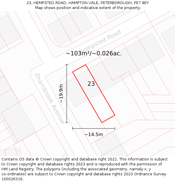 23, HEMPSTED ROAD, HAMPTON VALE, PETERBOROUGH, PE7 8EY: Plot and title map
