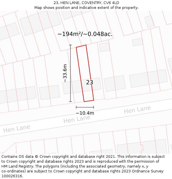 23, HEN LANE, COVENTRY, CV6 4LD: Plot and title map