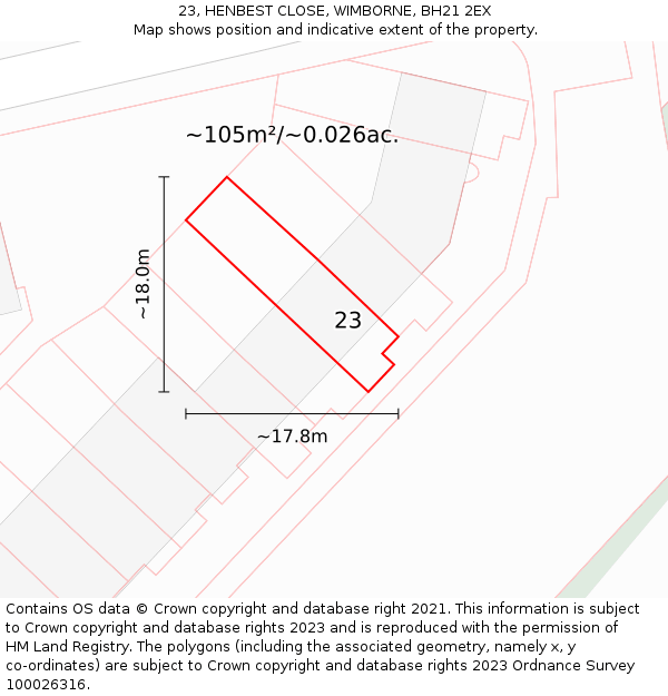 23, HENBEST CLOSE, WIMBORNE, BH21 2EX: Plot and title map