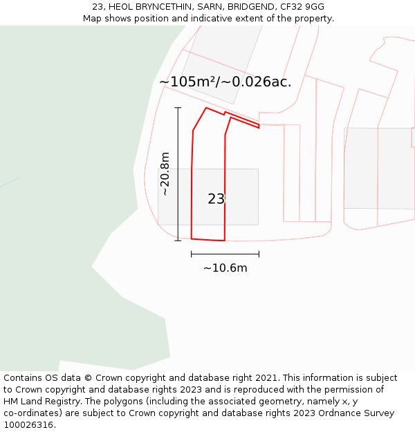 23, HEOL BRYNCETHIN, SARN, BRIDGEND, CF32 9GG: Plot and title map