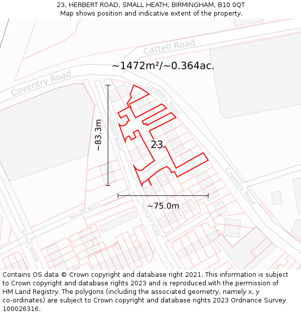 23, HERBERT ROAD, SMALL HEATH, BIRMINGHAM, B10 0QT: Plot and title map