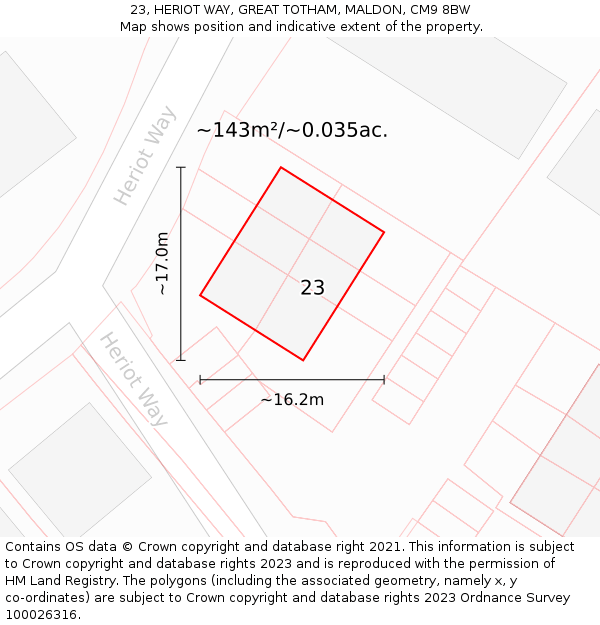 23, HERIOT WAY, GREAT TOTHAM, MALDON, CM9 8BW: Plot and title map