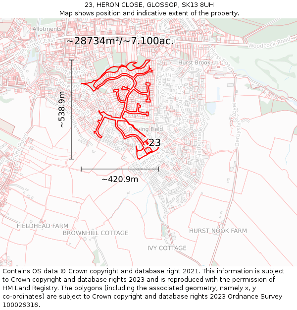 23, HERON CLOSE, GLOSSOP, SK13 8UH: Plot and title map