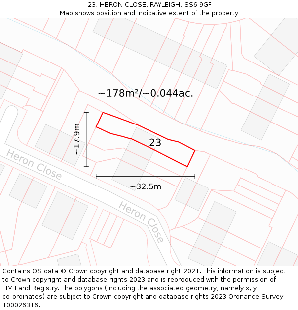 23, HERON CLOSE, RAYLEIGH, SS6 9GF: Plot and title map