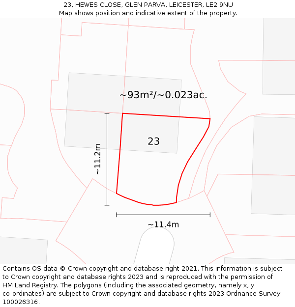 23, HEWES CLOSE, GLEN PARVA, LEICESTER, LE2 9NU: Plot and title map