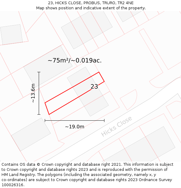 23, HICKS CLOSE, PROBUS, TRURO, TR2 4NE: Plot and title map