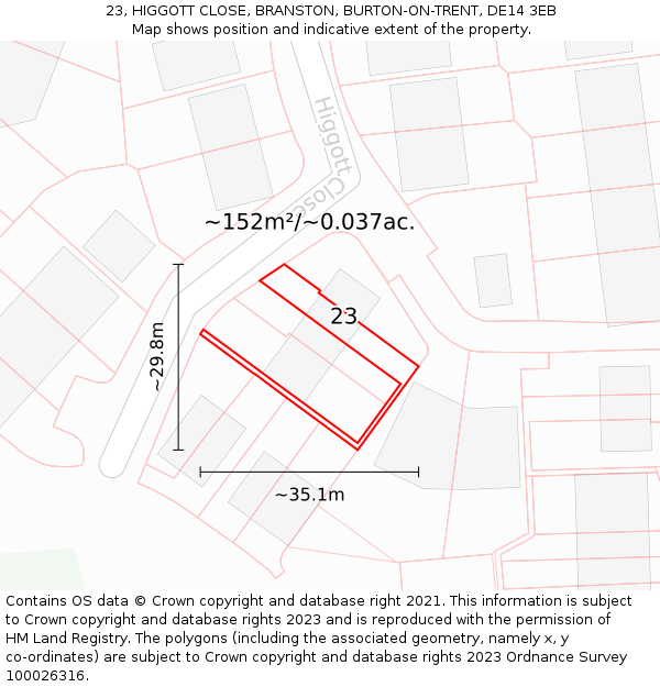 23, HIGGOTT CLOSE, BRANSTON, BURTON-ON-TRENT, DE14 3EB: Plot and title map