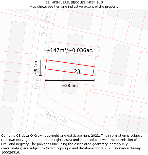 23, HIGH LEAS, BECCLES, NR34 9LG: Plot and title map