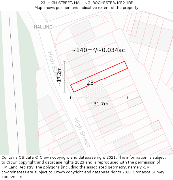 23, HIGH STREET, HALLING, ROCHESTER, ME2 1BP: Plot and title map