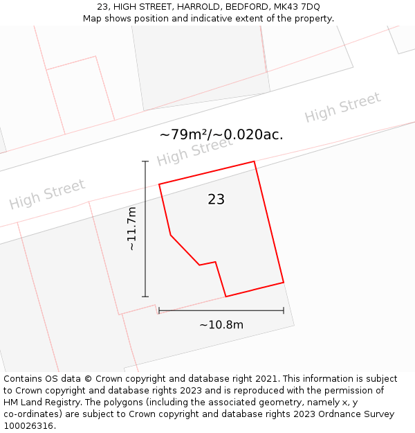 23, HIGH STREET, HARROLD, BEDFORD, MK43 7DQ: Plot and title map