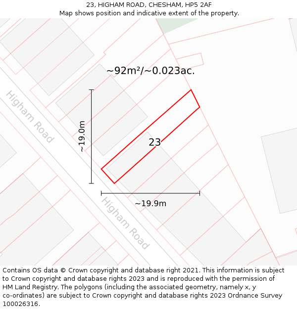 23, HIGHAM ROAD, CHESHAM, HP5 2AF: Plot and title map