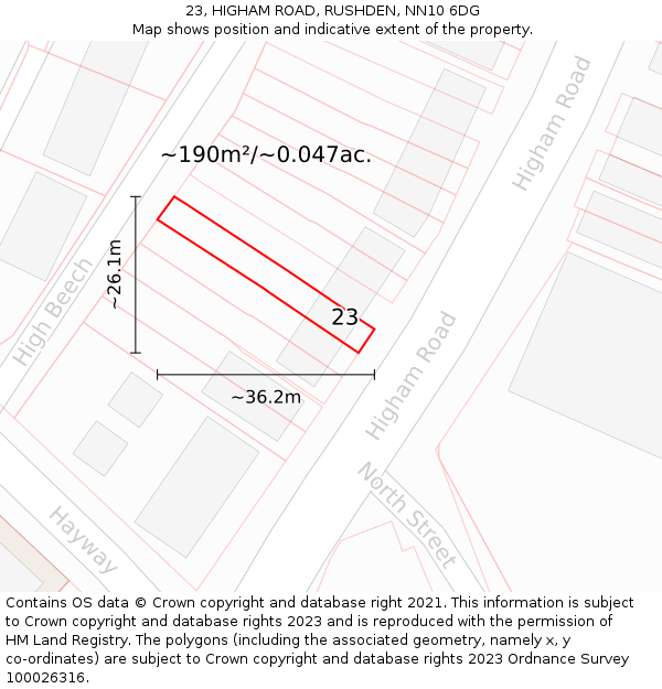 23, HIGHAM ROAD, RUSHDEN, NN10 6DG: Plot and title map