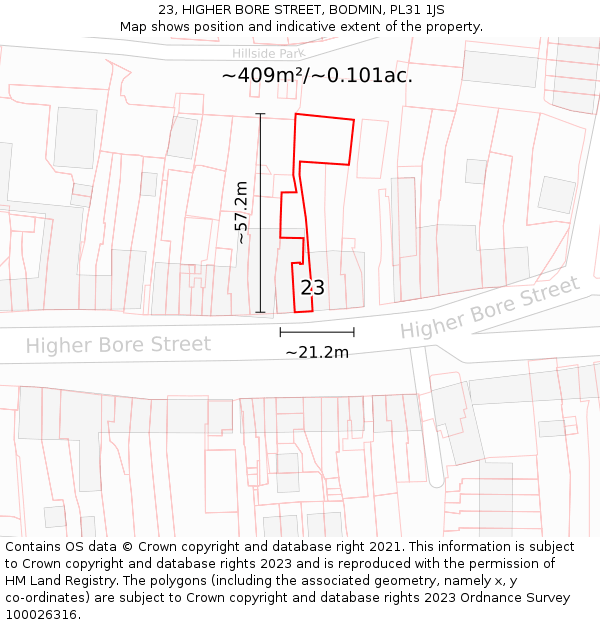 23, HIGHER BORE STREET, BODMIN, PL31 1JS: Plot and title map