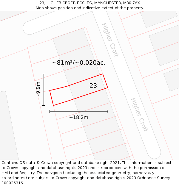 23, HIGHER CROFT, ECCLES, MANCHESTER, M30 7AX: Plot and title map