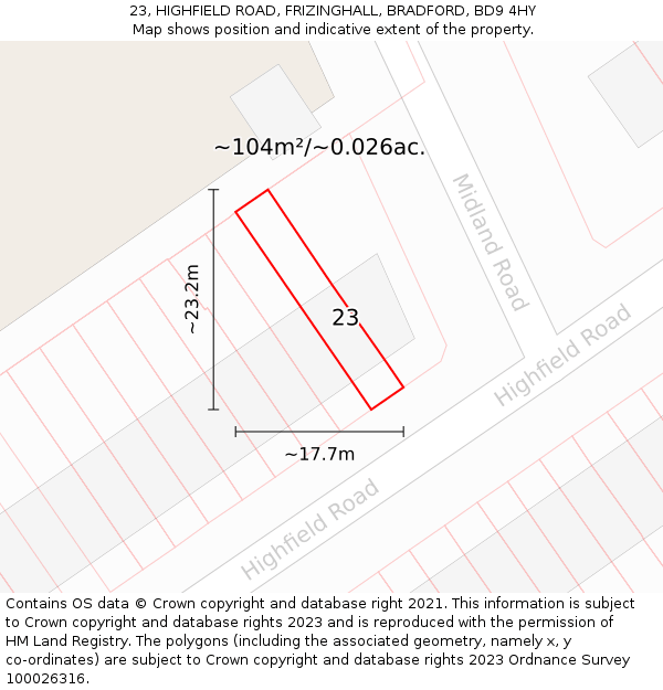 23, HIGHFIELD ROAD, FRIZINGHALL, BRADFORD, BD9 4HY: Plot and title map
