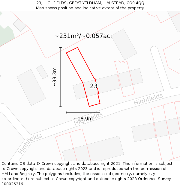 23, HIGHFIELDS, GREAT YELDHAM, HALSTEAD, CO9 4QQ: Plot and title map