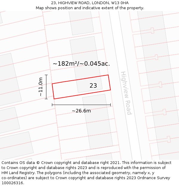 23, HIGHVIEW ROAD, LONDON, W13 0HA: Plot and title map