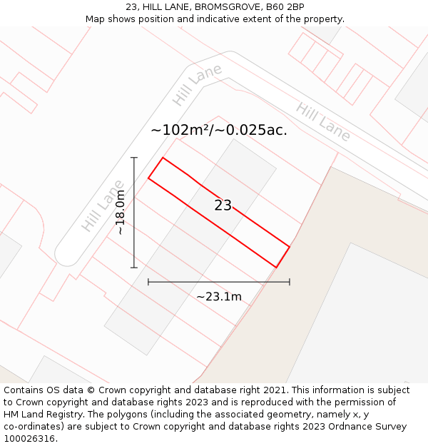 23, HILL LANE, BROMSGROVE, B60 2BP: Plot and title map