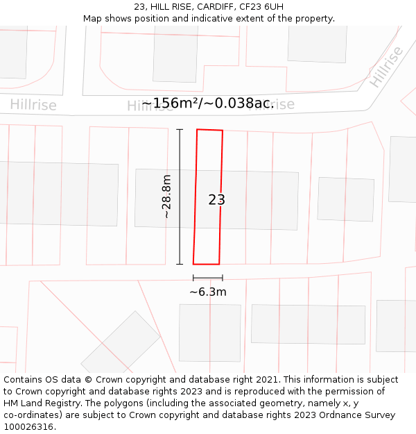 23, HILL RISE, CARDIFF, CF23 6UH: Plot and title map