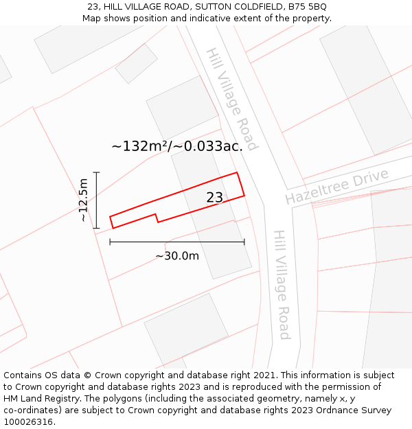 23, HILL VILLAGE ROAD, SUTTON COLDFIELD, B75 5BQ: Plot and title map
