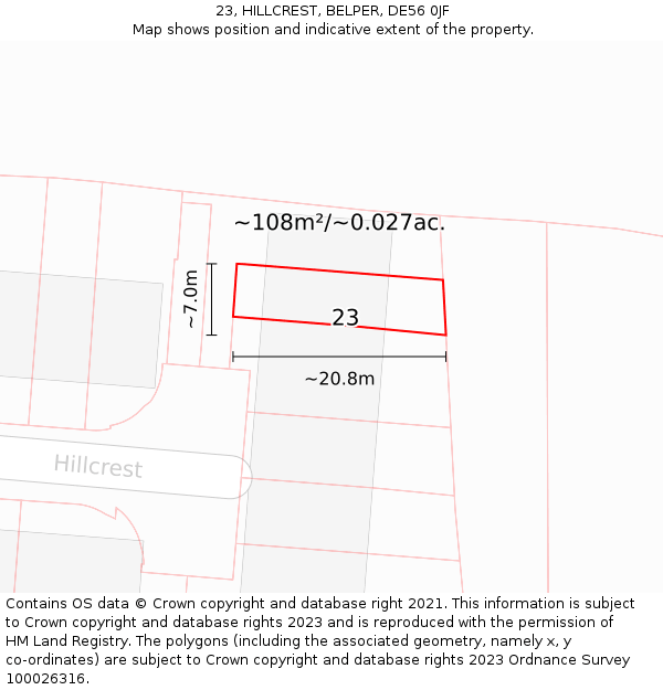 23, HILLCREST, BELPER, DE56 0JF: Plot and title map