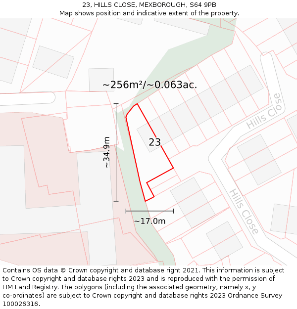 23, HILLS CLOSE, MEXBOROUGH, S64 9PB: Plot and title map