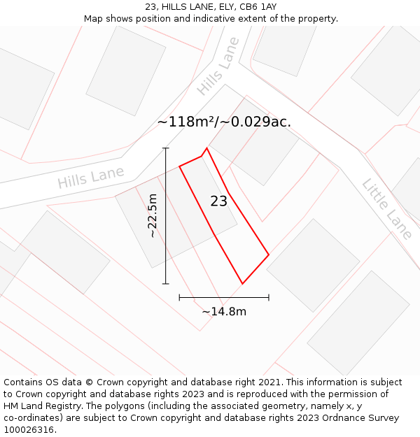 23, HILLS LANE, ELY, CB6 1AY: Plot and title map