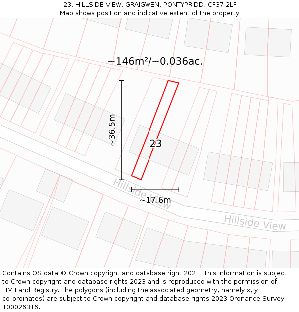 23, HILLSIDE VIEW, GRAIGWEN, PONTYPRIDD, CF37 2LF: Plot and title map