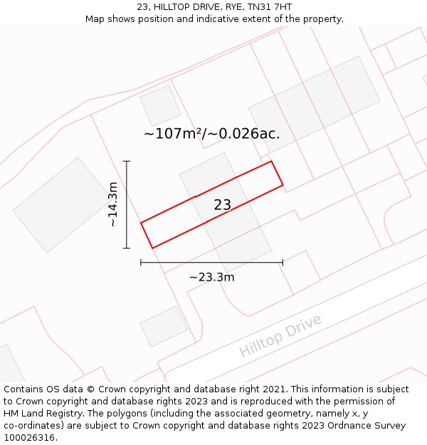 23, HILLTOP DRIVE, RYE, TN31 7HT: Plot and title map