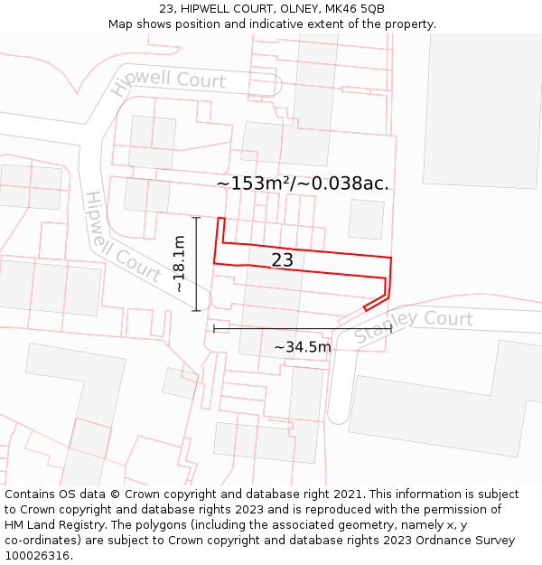 23, HIPWELL COURT, OLNEY, MK46 5QB: Plot and title map