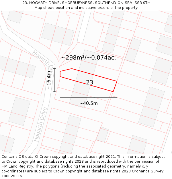 23, HOGARTH DRIVE, SHOEBURYNESS, SOUTHEND-ON-SEA, SS3 9TH: Plot and title map