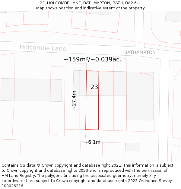 23, HOLCOMBE LANE, BATHAMPTON, BATH, BA2 6UL: Plot and title map
