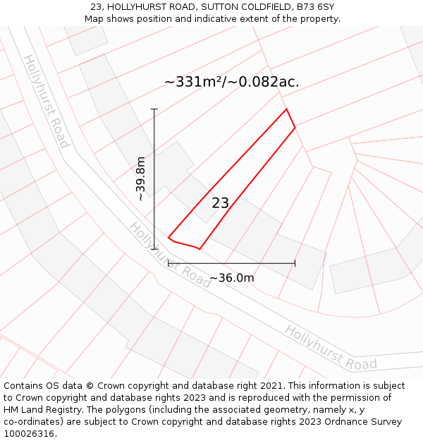 23, HOLLYHURST ROAD, SUTTON COLDFIELD, B73 6SY: Plot and title map