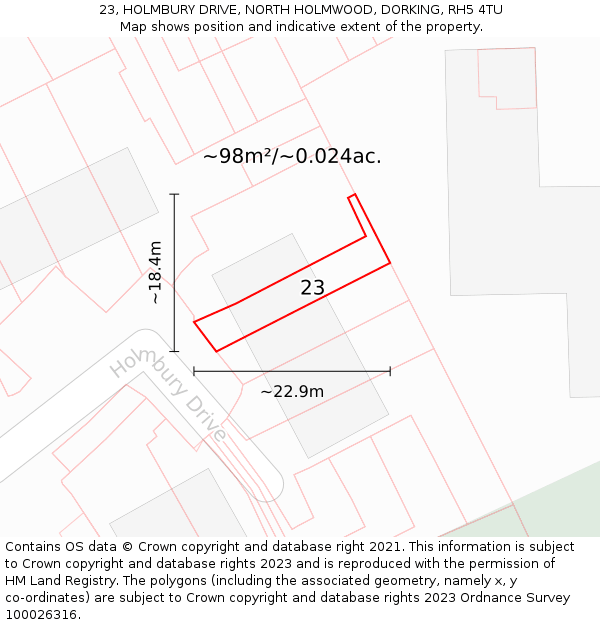 23, HOLMBURY DRIVE, NORTH HOLMWOOD, DORKING, RH5 4TU: Plot and title map