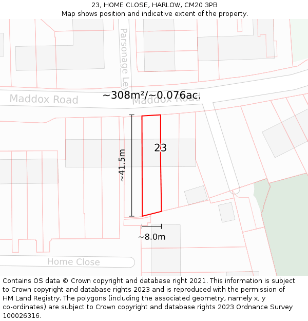 23, HOME CLOSE, HARLOW, CM20 3PB: Plot and title map